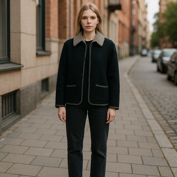 VINTAGE Women Black Wool Fur Removable Collar Knit Zip Sweater L/XL Karen Scott - Picture 1 of 11